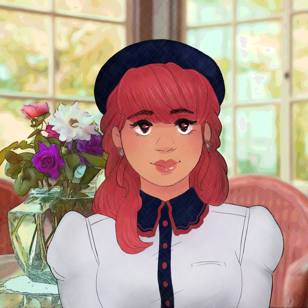 A picture of Sakiko Lace Gable, an elegant and finely composed young woman with dark pink hair, a dark blue  beret, and a button up blouse with  blue and  red trimmed scalloped collar.